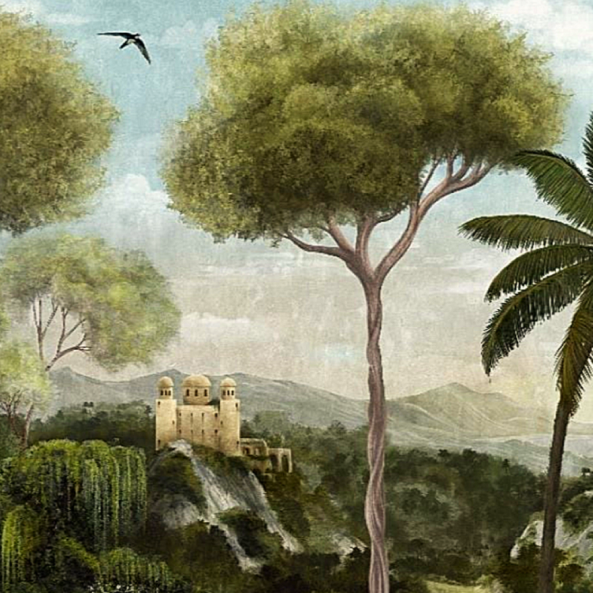 Vibrant Green Tropical Forest And Castle Wallpaper - Artistic Nature Mural for Refined Interiors