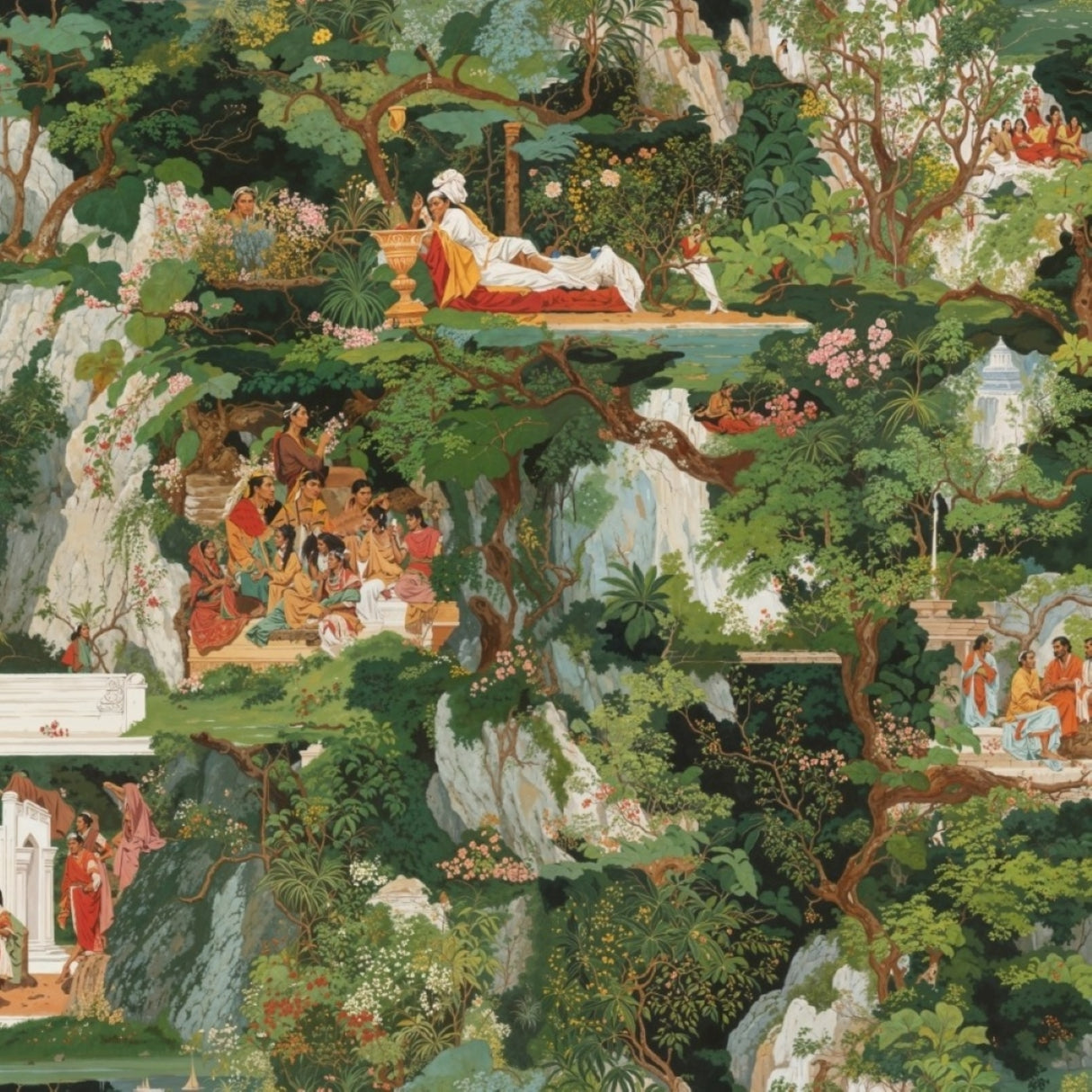 Oriental Valley Mural – Jade & Terracotta Edition – Available in Printed and Embossed Versions for Artistic Interiors