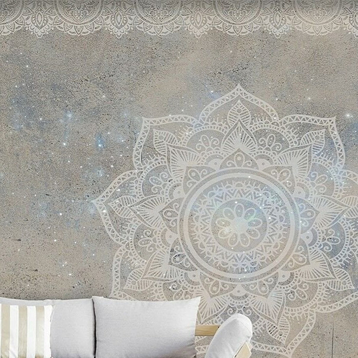 Papel pintado de mandala con fondo de hormigón y efecto estrella: elegante decoración geométrica contemporánea para paredes.