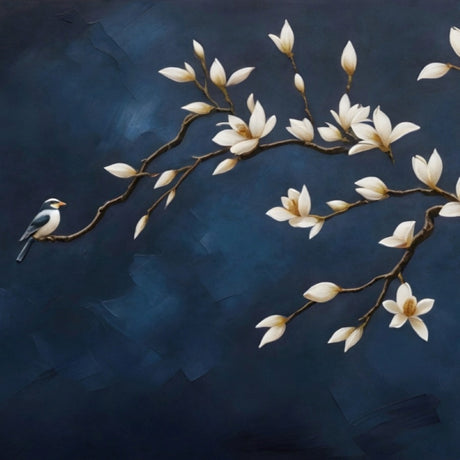 Midnight Magnolia Wallpaper – Elegant Floral Mural with Bird Motif for Serene Interiors