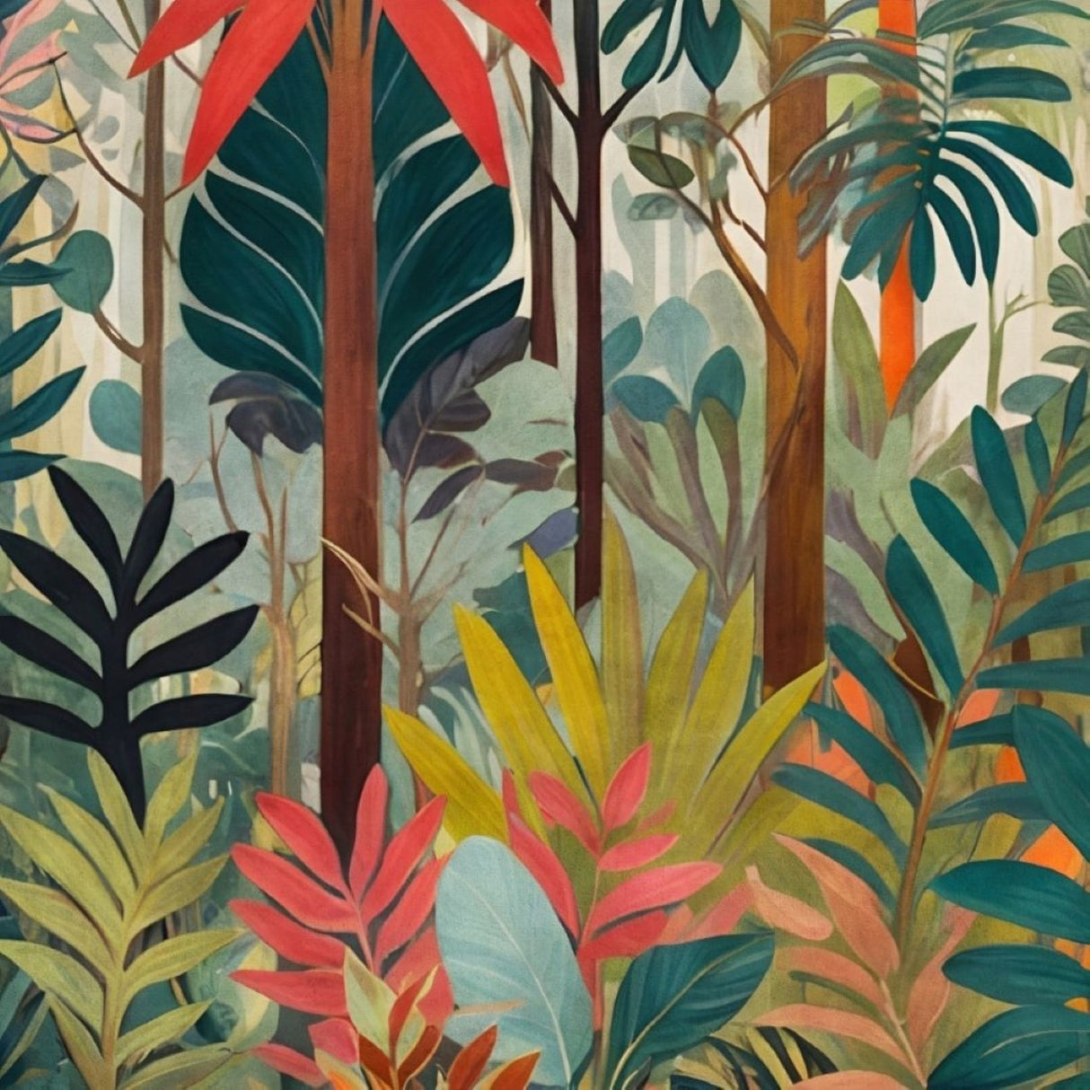Tropical Canopy Mural Wallpaper – Vibrant Jungle Wall Art in Emerald & Coral Tones