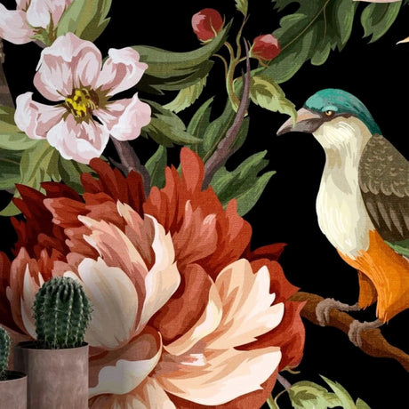 Midnight Bloom Wallpaper – Exotic Flora & Fauna Tapestry – Available in Printed and Embossed Versions for Opulent & Moody Interiors