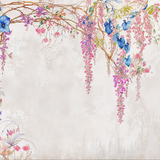 Cascading Wisteria Garden Wallpaper – Hand-Painted Elegance with Blue Blossoms and Songbirds