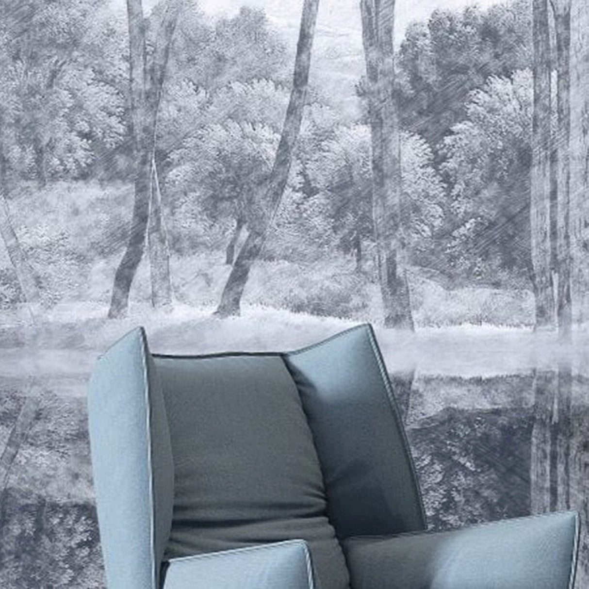 Mural de papel pintado con bocetos arquitectónicos: disponible en versiones impresas y en relieve para interiores elegantes.