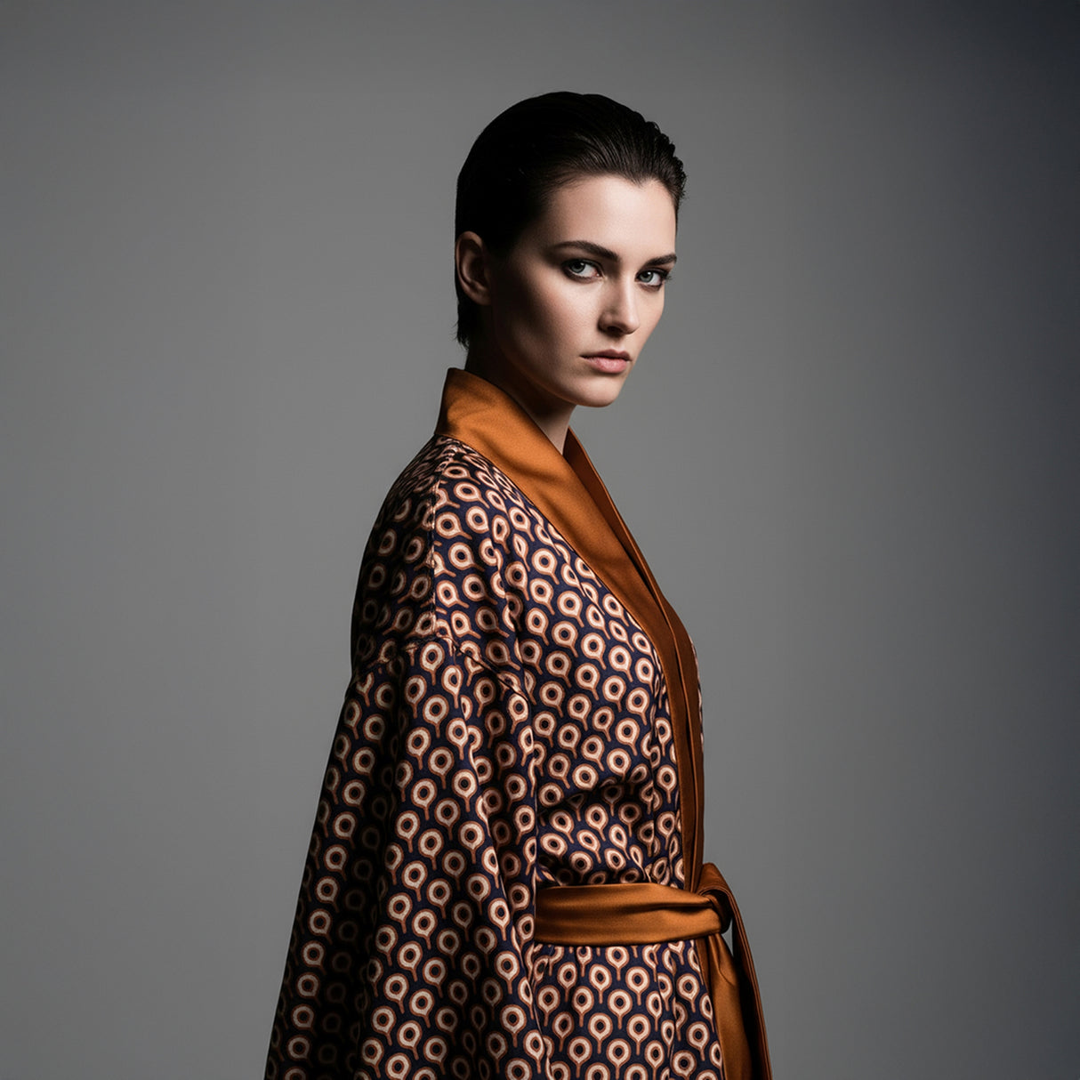 Omna Bronze Unisex Kimono – Geometric Patterned Suede Kimono with Burnished Satin Trim for Modern Refined Elegance