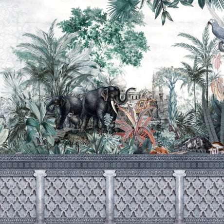 Papel pintado de jungla exótica y elefantes: mural botánico para interiores elegantes con efecto turquesa.
