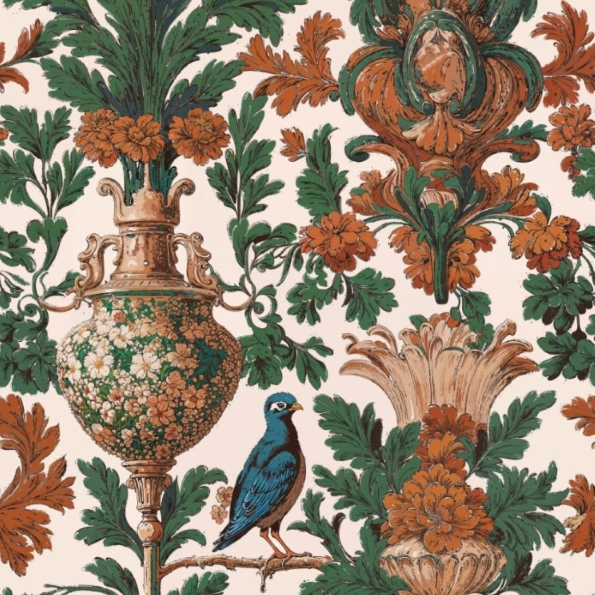 Verdant Baroque Wallpaper – Emerald & Terracotta Edition – Available in Printed and Embossed Versions for Refined Interiors