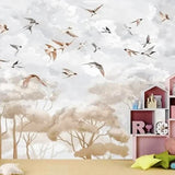 White Clouds & Swallows In The Sky Wallpaper – Soft Pastel Nature-Inspired Wall Décor