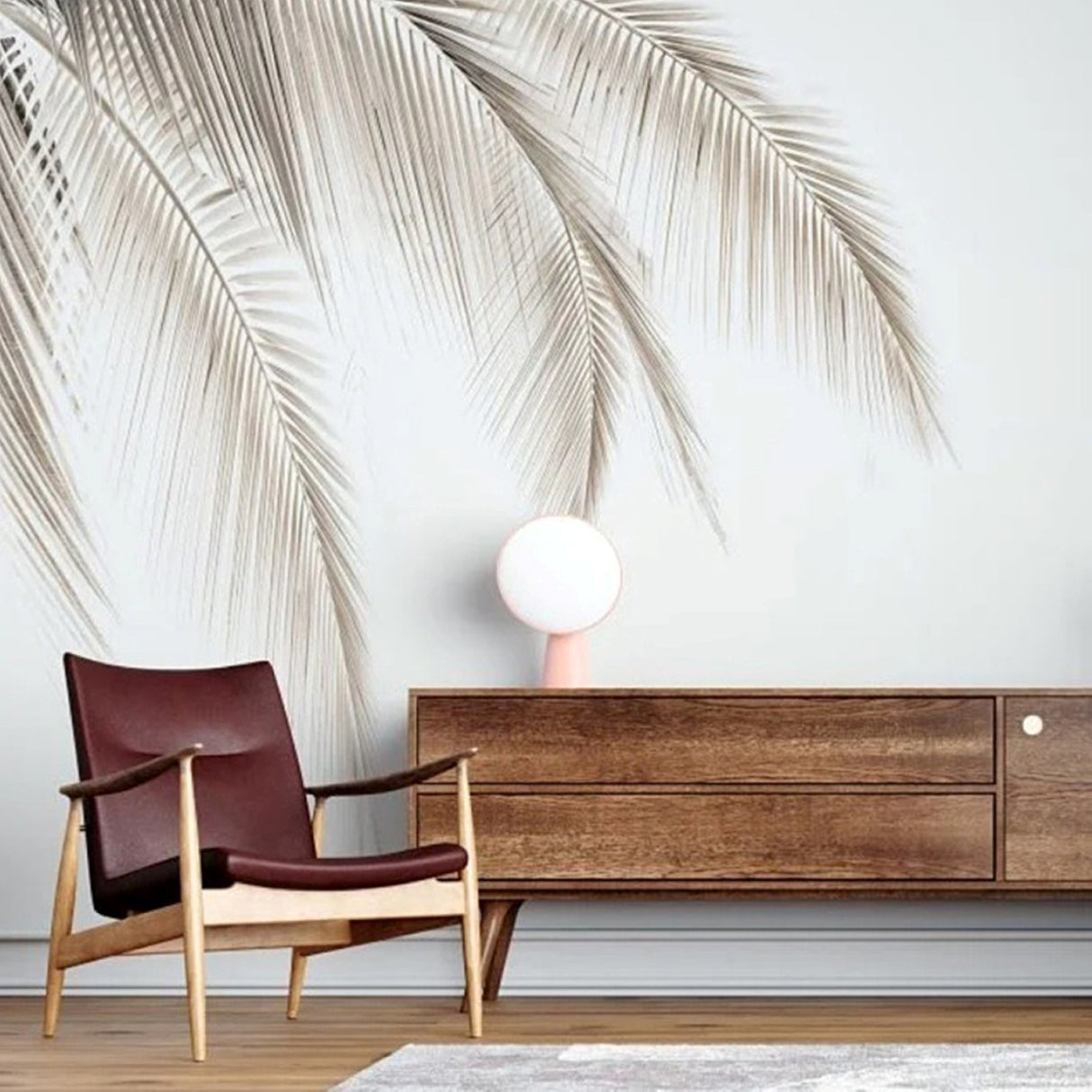 Papel pintado con suaves sombras de palmeras: mural tropical minimalista para interiores serenos