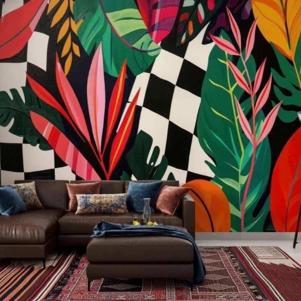 Tropical Leaves On Checkerboard Wallpaper – Bold Botanical Mural for Modern Interiors