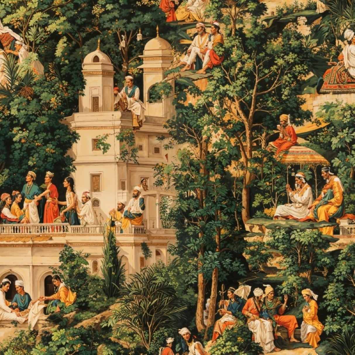 Mural de terraza oriental: disponible en versiones impresas y en relieve para interiores clásicos.