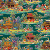 Emerald Pagoda Wallpaper – Oriental Garden Edition – Available in Printed and Embossed Versions for Eclectic Interiors
