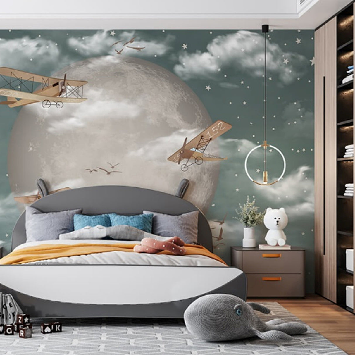 Gliders Around the Moon Wallpaper – Playful Aerospace-Inspired Wall Décor