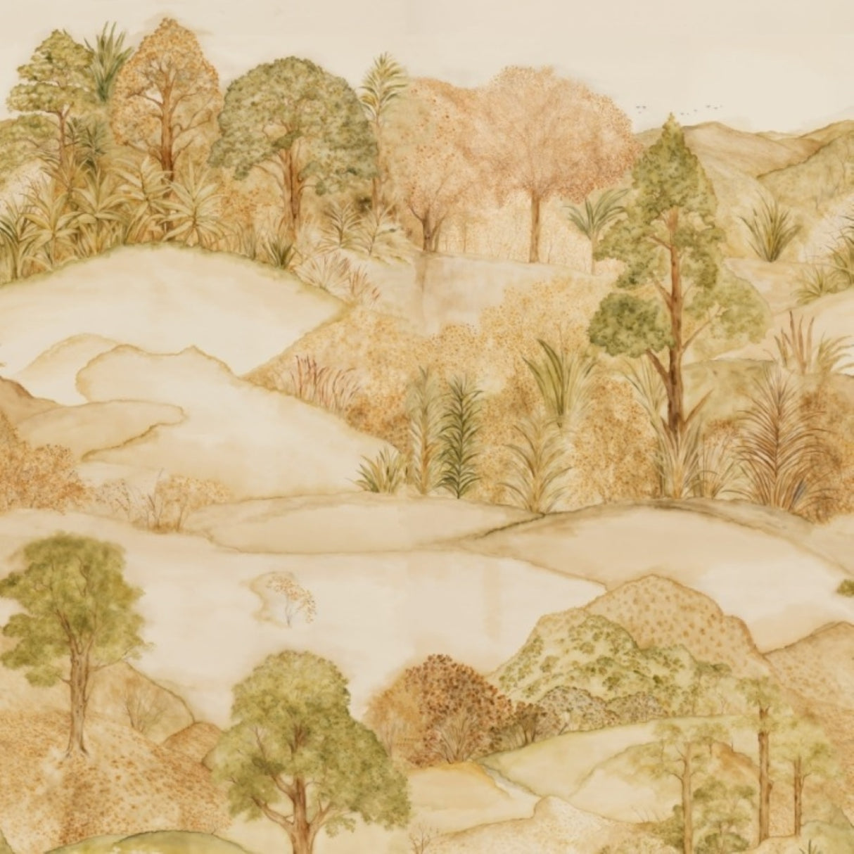 Amber Hills Mural Wallpaper – Hand-Painted Landscape for Elegant Interiors