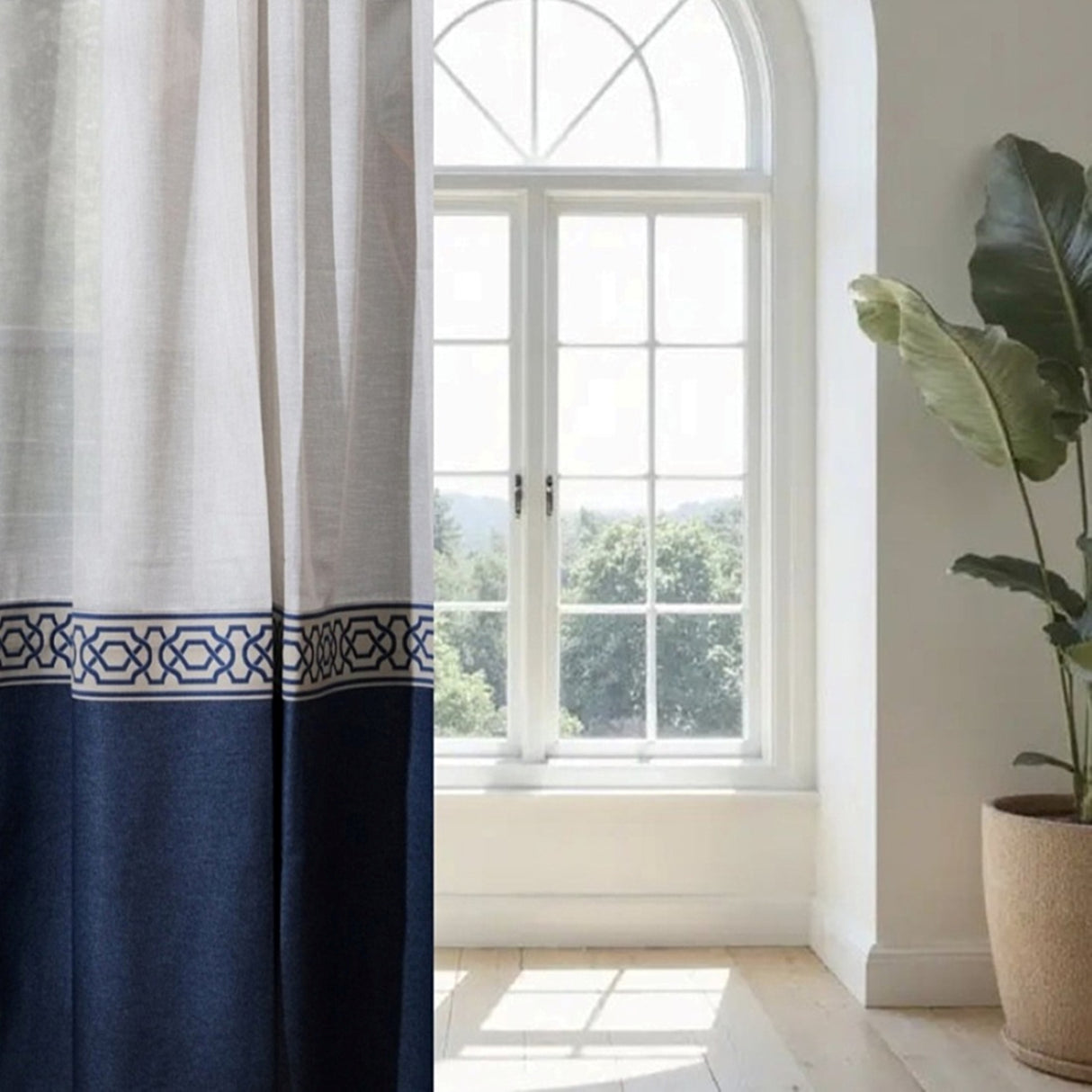 Legol - Blue Crest Sheer Linen-Look Polyester Curtain With Luxury Navy Border - For Sophisticated Interiors