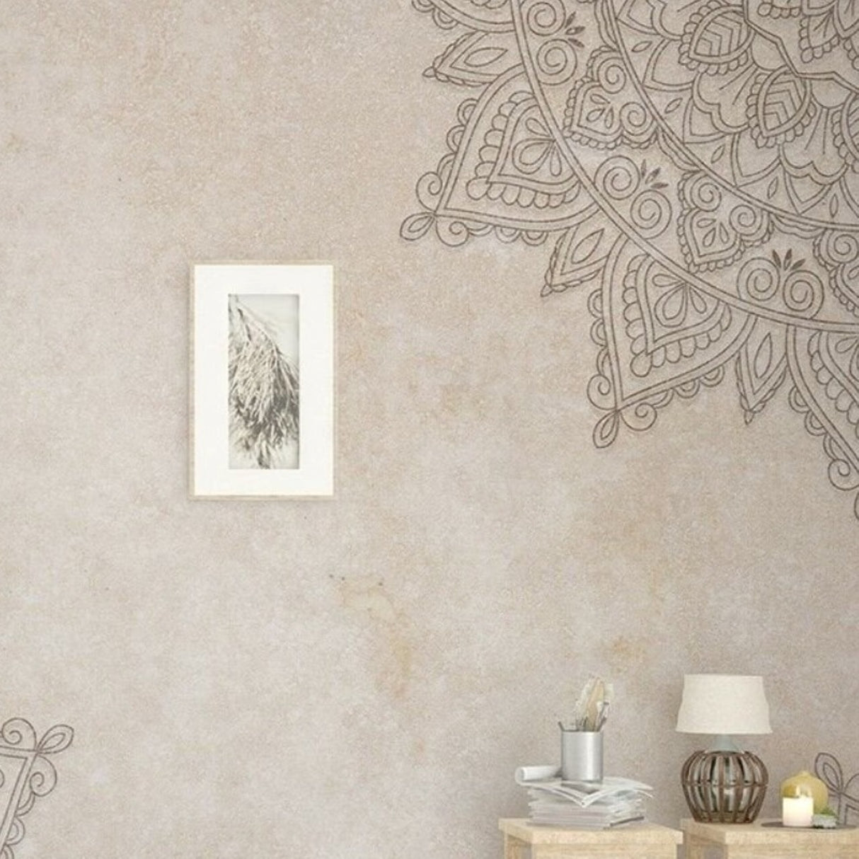 Papel pintado con patrón de mandala texturizado de hormigón: elegante decoración geométrica contemporánea para paredes.