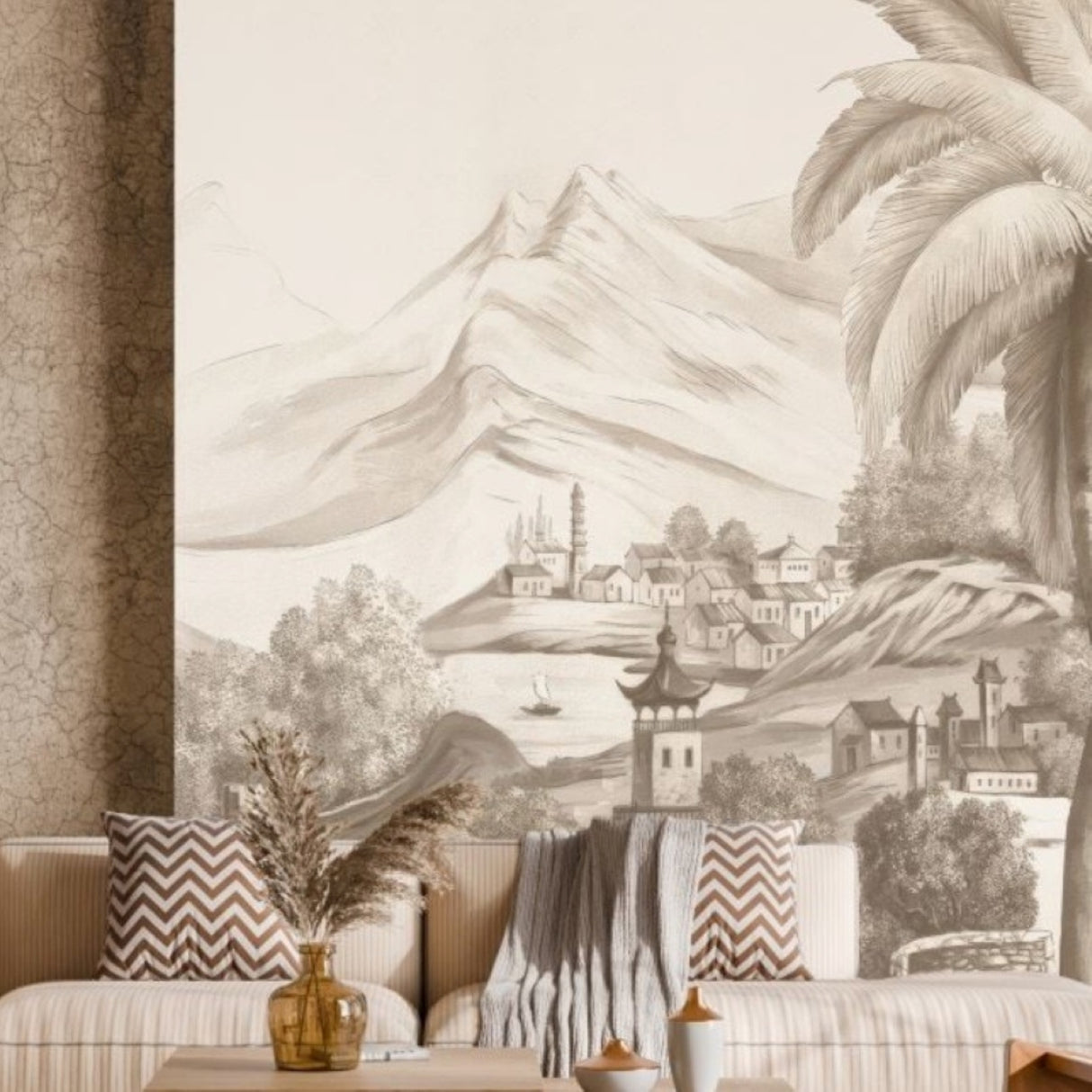 Sepia Tropical Landscape Wallpaper – Vintage Palm & Mountain Mural for Serene Interiors