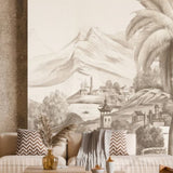 Sepia Tropical Landscape Wallpaper – Vintage Palm & Mountain Mural for Serene Interiors