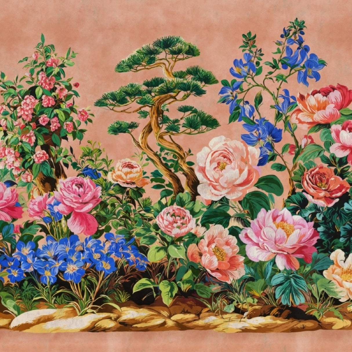 Botanical Symphony Wallpaper – Coral & Sapphire Edition – Available In Printed And Embossed Versions For Artistic Interiors