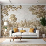 Pastoral Lake Mural Wallpaper – Sepia Landscape for Serene Interiors