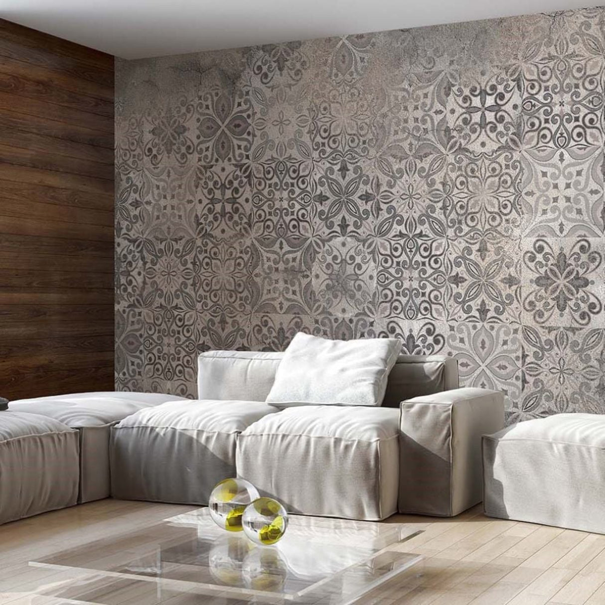 Papel pintado con azulejos estampados en beige: decoración de pared mediterránea vintage para interiores luminosos y atemporales. Azulejos en papel pintado marrón.