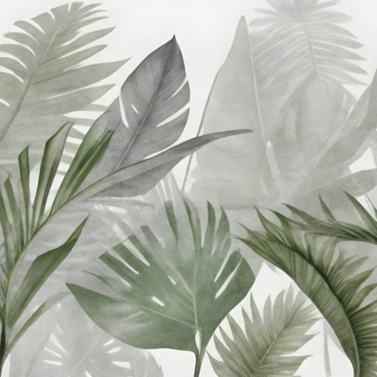 Botanical Mist Wallpaper – Tropical Green Leaf Mural for Calm and Airy Interiors