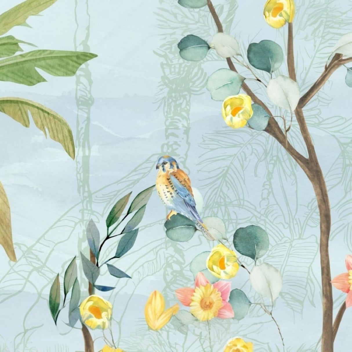 Yellow Cotton Flowers & Tropical Trees Wallpaper, Blue Background - Soft Pastel Nature-Inspired Wall Décor