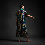 Kamola Unisex Kimono – Handwoven Silk-Cotton Ikat Kimono in Emerald, Fuchsia & Beige for Modern Bohemian Grace