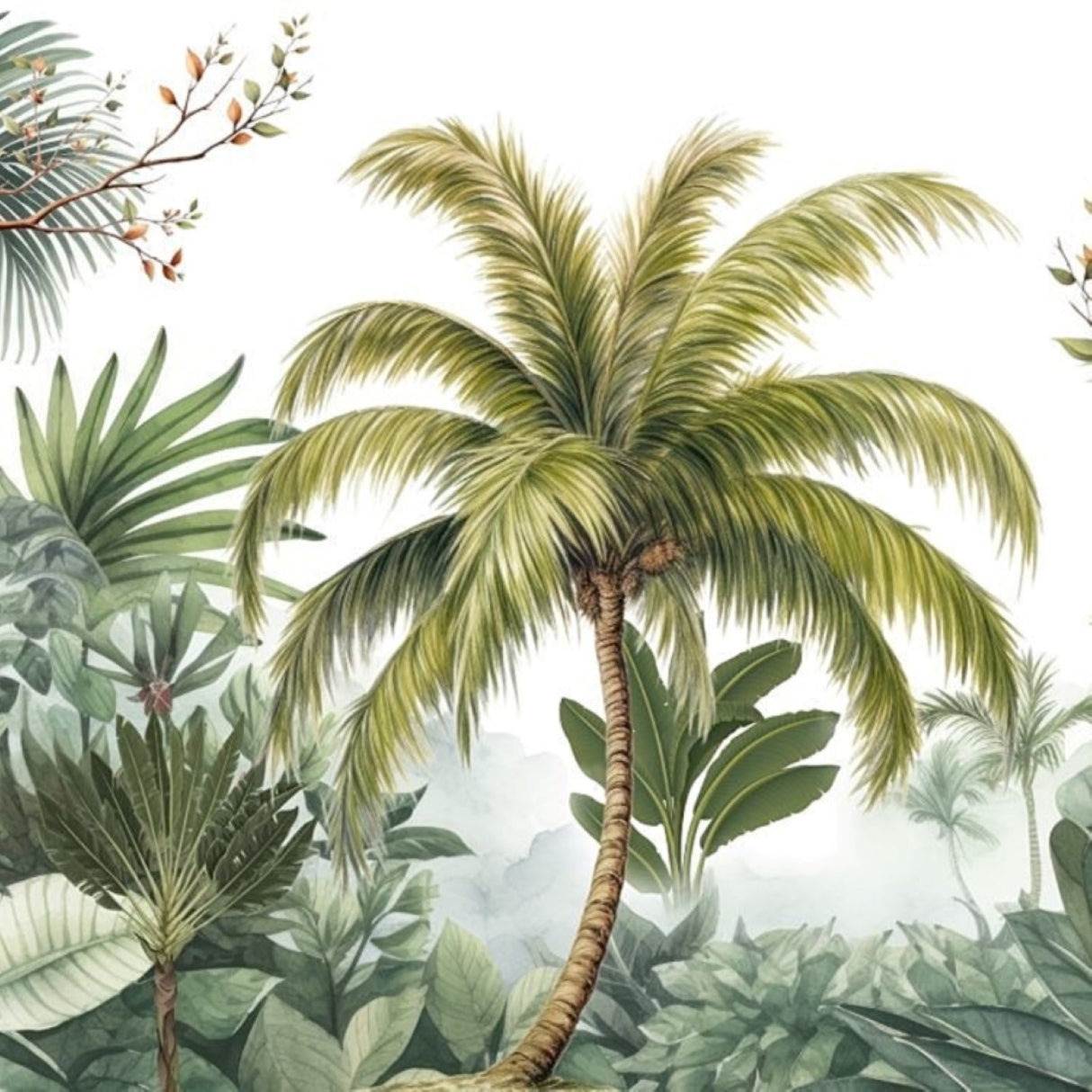 Coconut Tree & Exotic Leaves Wallpaper — Artistic Nature Mural for Contemporary Interiors