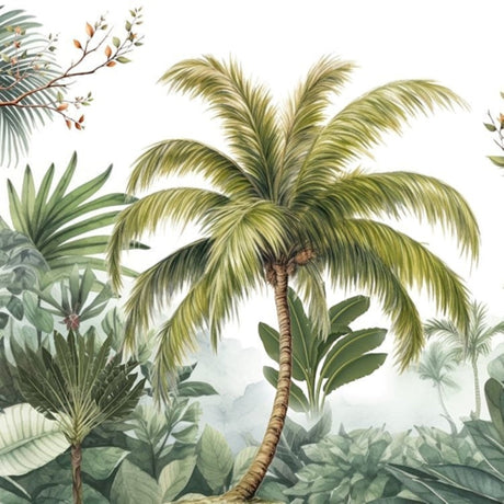 Papel pintado de cocotero y hojas exóticas: mural artístico de naturaleza para interiores contemporáneos