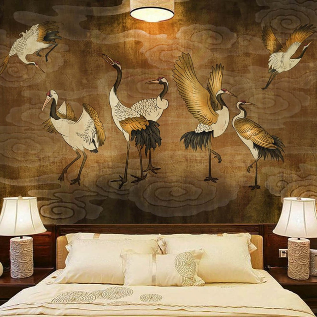 Sepia Cranes Wallpaper, Featured In The Series: "House Of Fate" - Rustic Chic Design