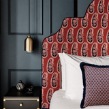 Braxely Red Headboard – Terracotta Polyester Upholstered Headboard with Navy Paisley Pattern and Navy Piping