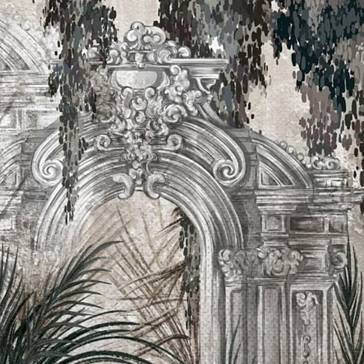 Antique Garden Arches Wallpaper – Botanical Mural with Watercolor Effect for Sophisticated Interiors