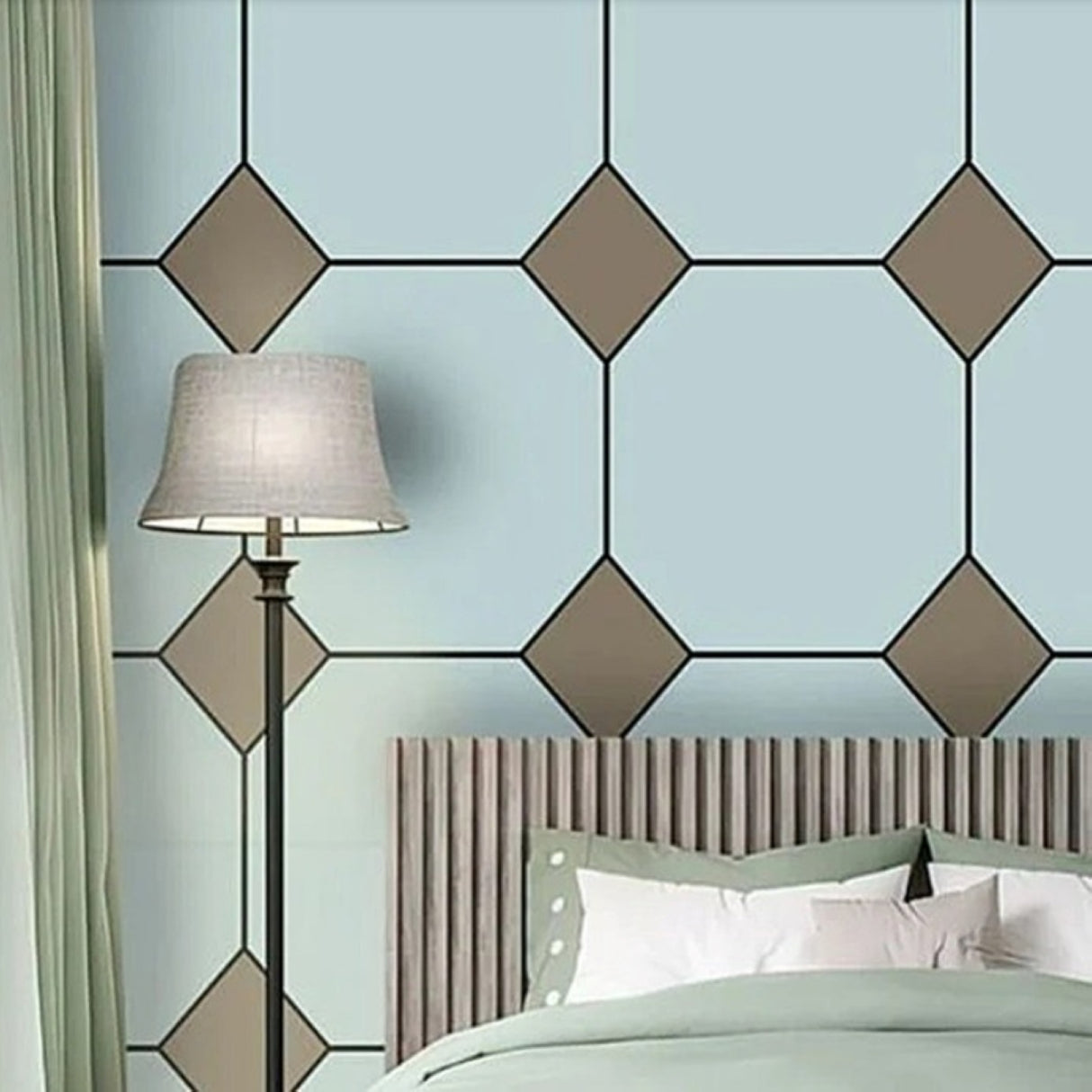 Vintage Mint & Charcoal Tile Wallpaper – Retro Karo Design for Modern Interiors