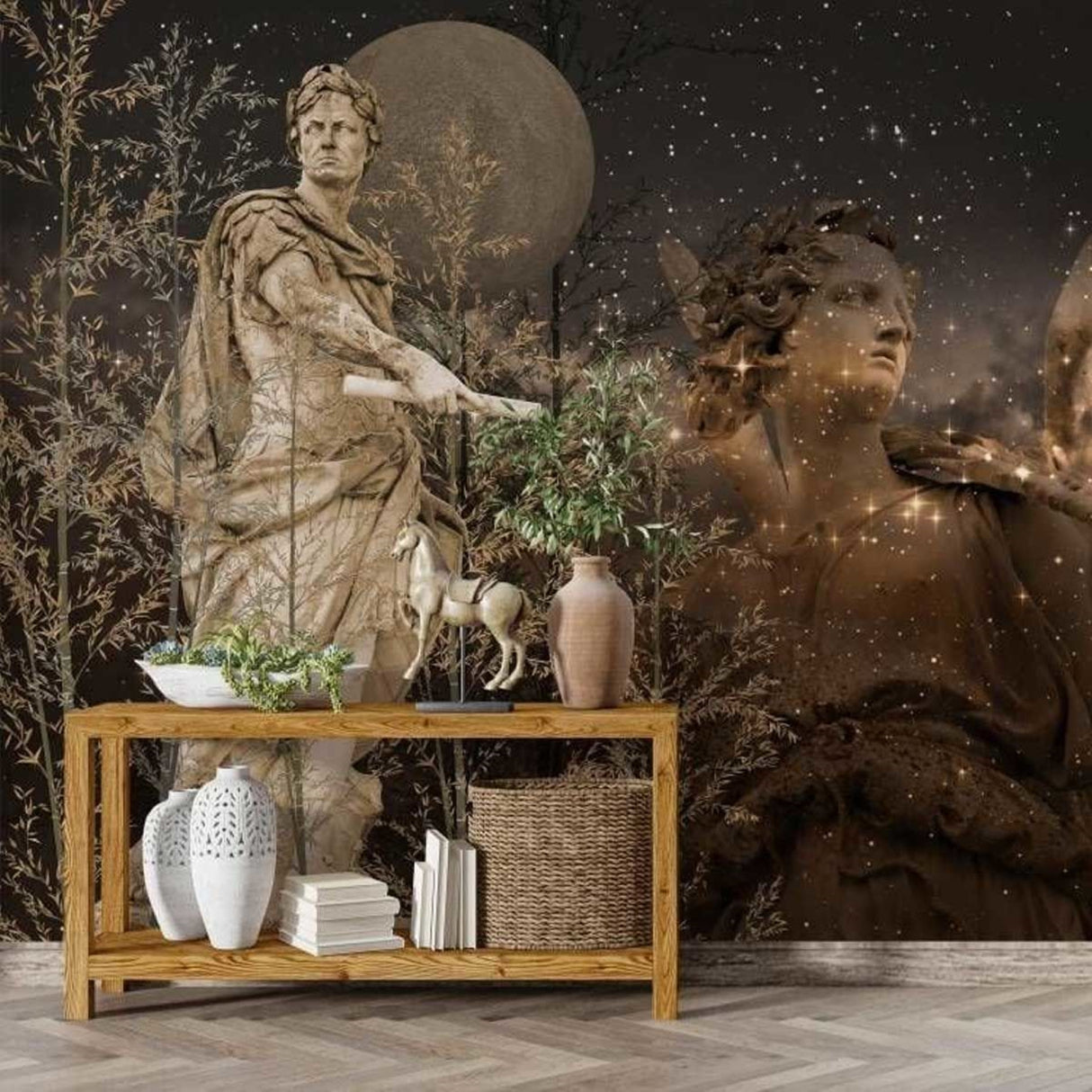 Celestial Statues Under the Moon Wallpaper - Mythological Art Mural for Dramatic Interiors