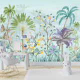Yellow Cotton Flowers & Tropical Trees Wallpaper, Blue Background - Soft Pastel Nature-Inspired Wall Décor