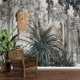 Antique Garden Arches Wallpaper – Botanical Mural with Watercolor Effect for Sophisticated Interiors
