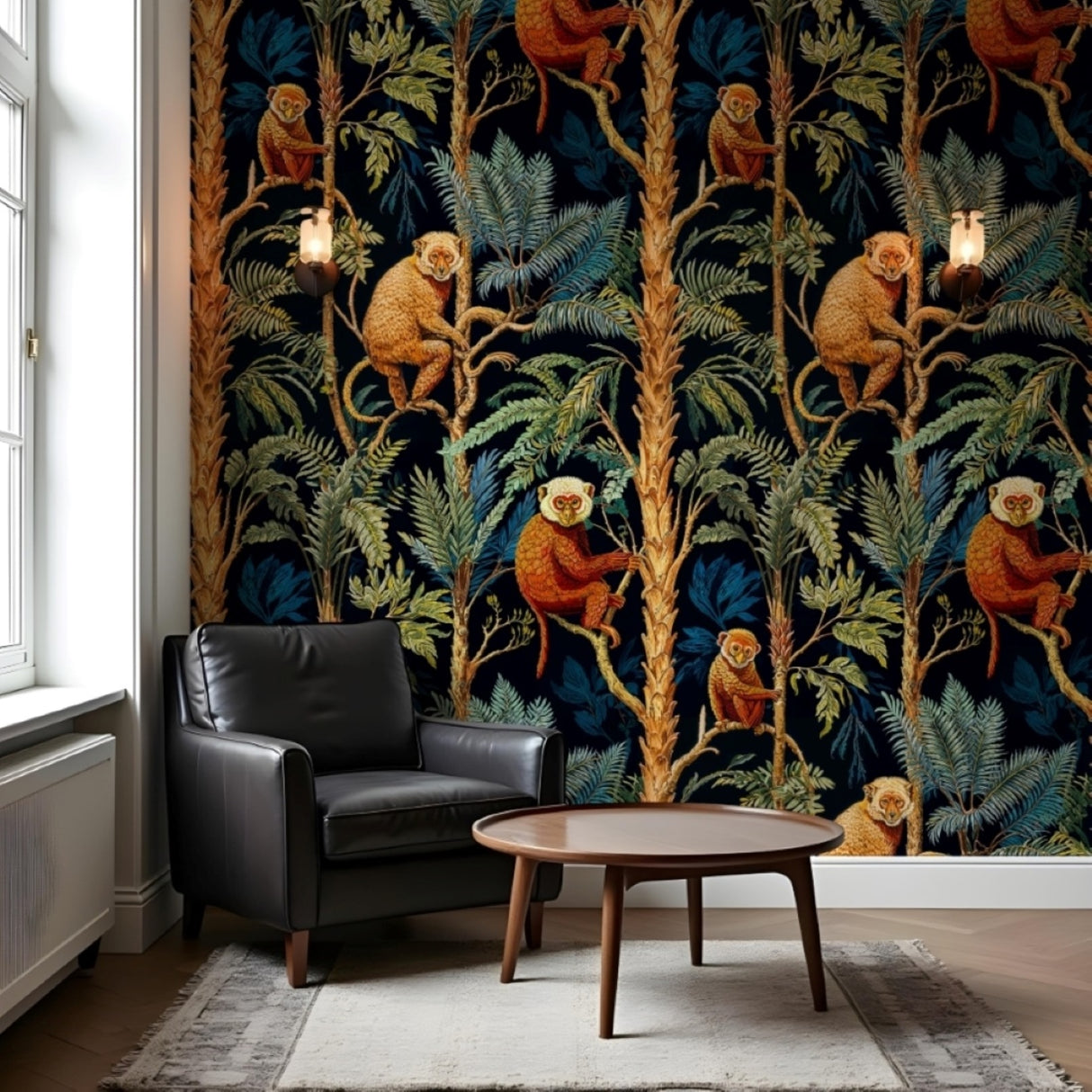 Golden Primates Wallpaper – Amber & Midnight Edition – Available In Printed And Embossed Versions For Eclectic Interiors