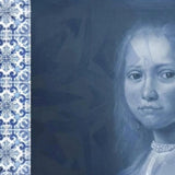 Blue Ceramic Portrait Wallpaper – Artistic Delft-Inspired Mural for Elegant Interiors