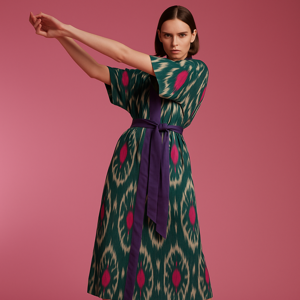 Azelle Kimono – Modern Bohem Lüksü İçin Koyu Mor Detaylar ve Tropikal Desenli Ters Yüzüyle Çift Taraflı El Dokuma İkat İpek-Pamuk Kimono