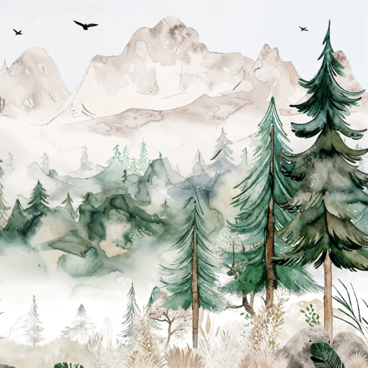 Misty Mountain Forest Wallpaper – Watercolor Wilderness for Serene Interiors
