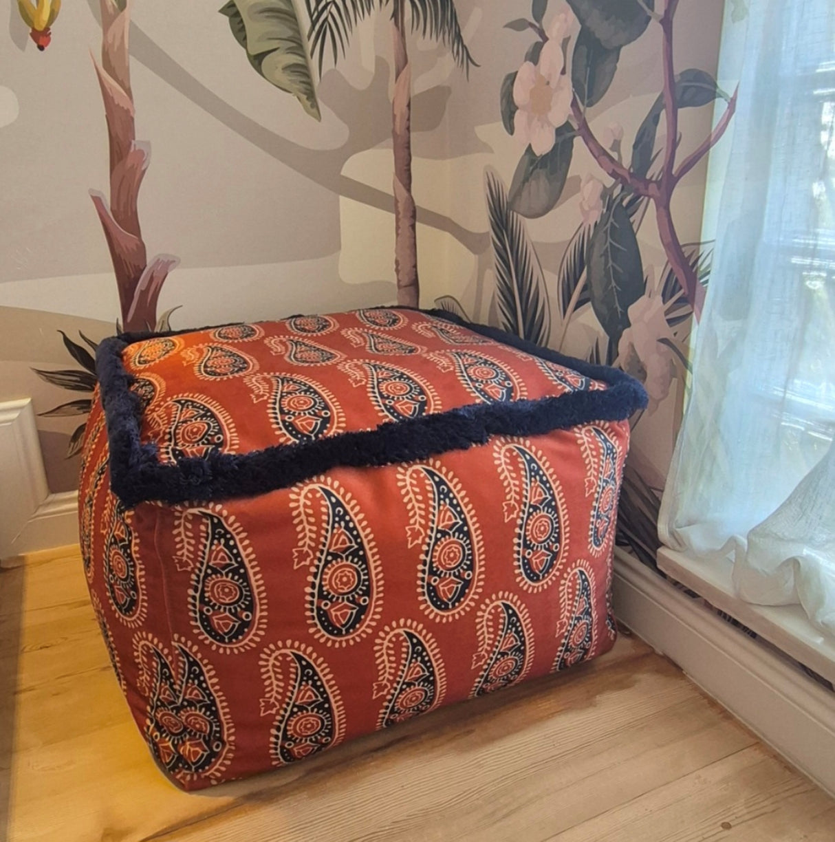 Braxely Red Pouf – Handmade Ottoman Seat with Polyester Velvet Fabric, Paisley Pattern