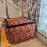 Braxely Red Pouf – Handmade Ottoman Seat with Polyester Velvet Fabric, Paisley Pattern