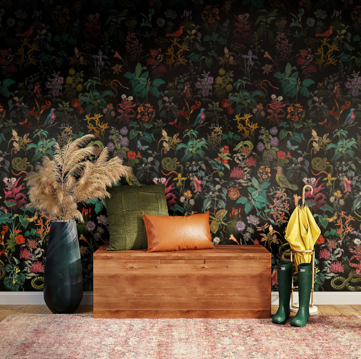 Midnight Eden Wallpaper – Emerald & Crimson Whispers – Available In Printed And Embossed Versions For Sophisticated Interiors