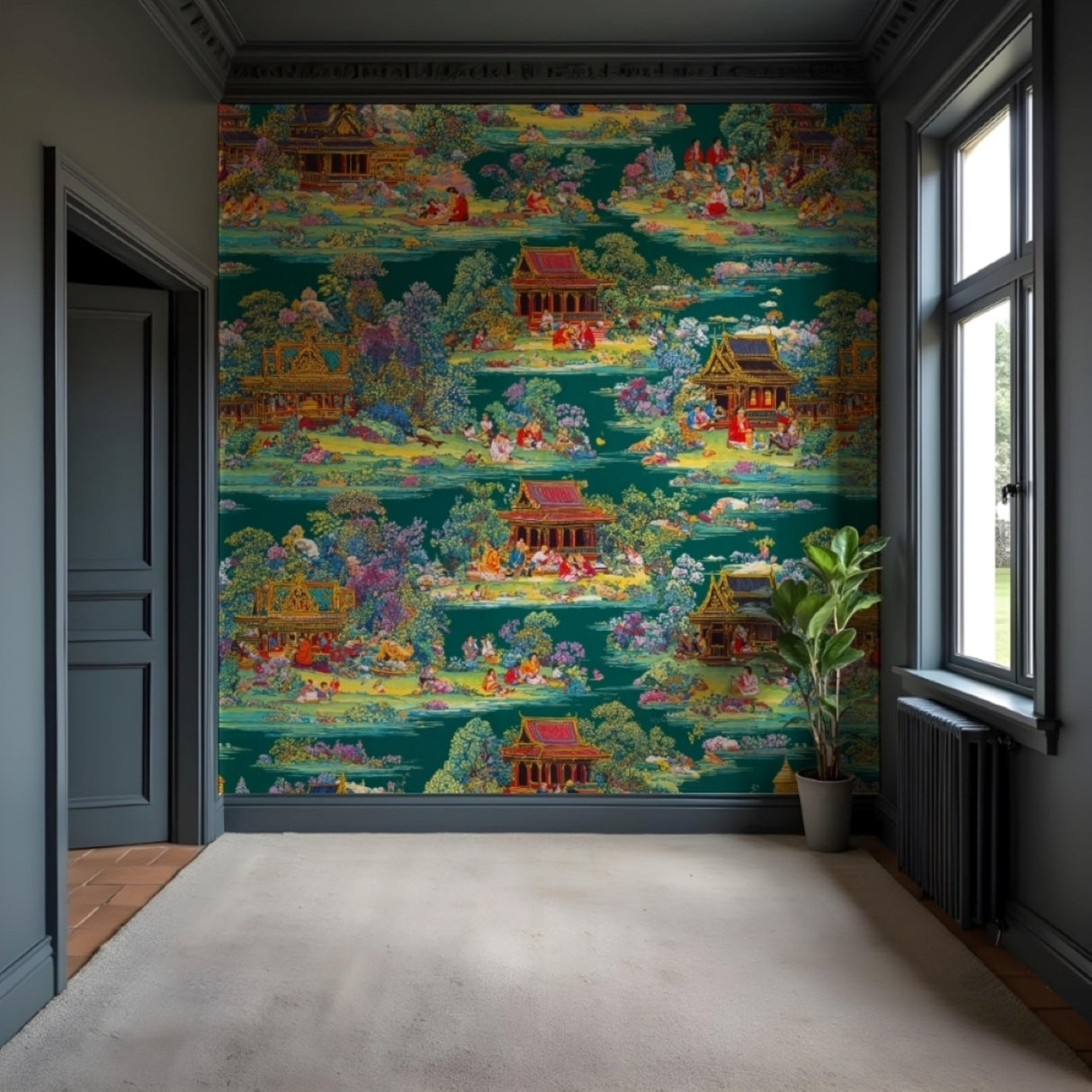 Emerald Pagoda Wallpaper – Oriental Garden Edition – Available in Printed and Embossed Versions for Eclectic Interiors
