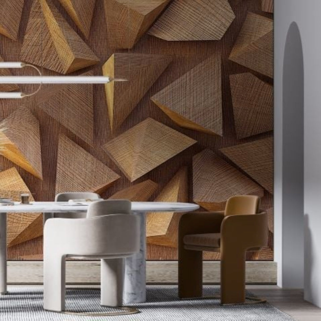 Sculpted Timber Harmony – 3D Geometric Wood Relief with Interlocking Natural Grain