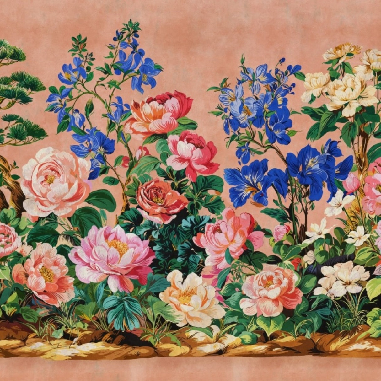 Botanical Symphony Wallpaper – Coral & Sapphire Edition – Available In Printed And Embossed Versions For Artistic Interiors