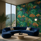 Papel pintado Botanical Reverie – Edición verde azulado y ámbar – Disponible en versiones impresas y en relieve para interiores contemporáneos