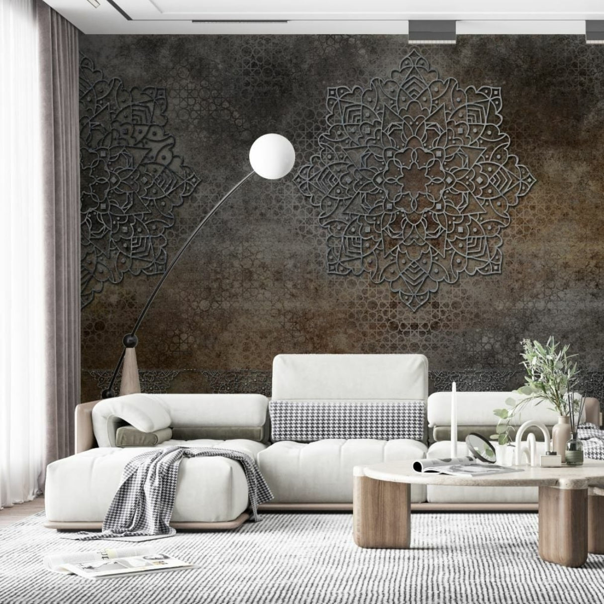 Papel pintado con mandala de Praga marrón: elegante decoración geométrica contemporánea para paredes