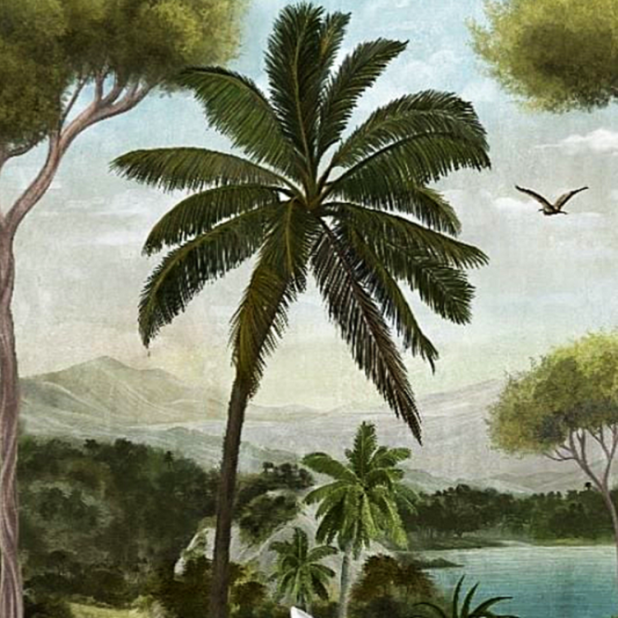 Vibrant Green Tropical Forest And Castle Wallpaper - Artistic Nature Mural for Refined Interiors